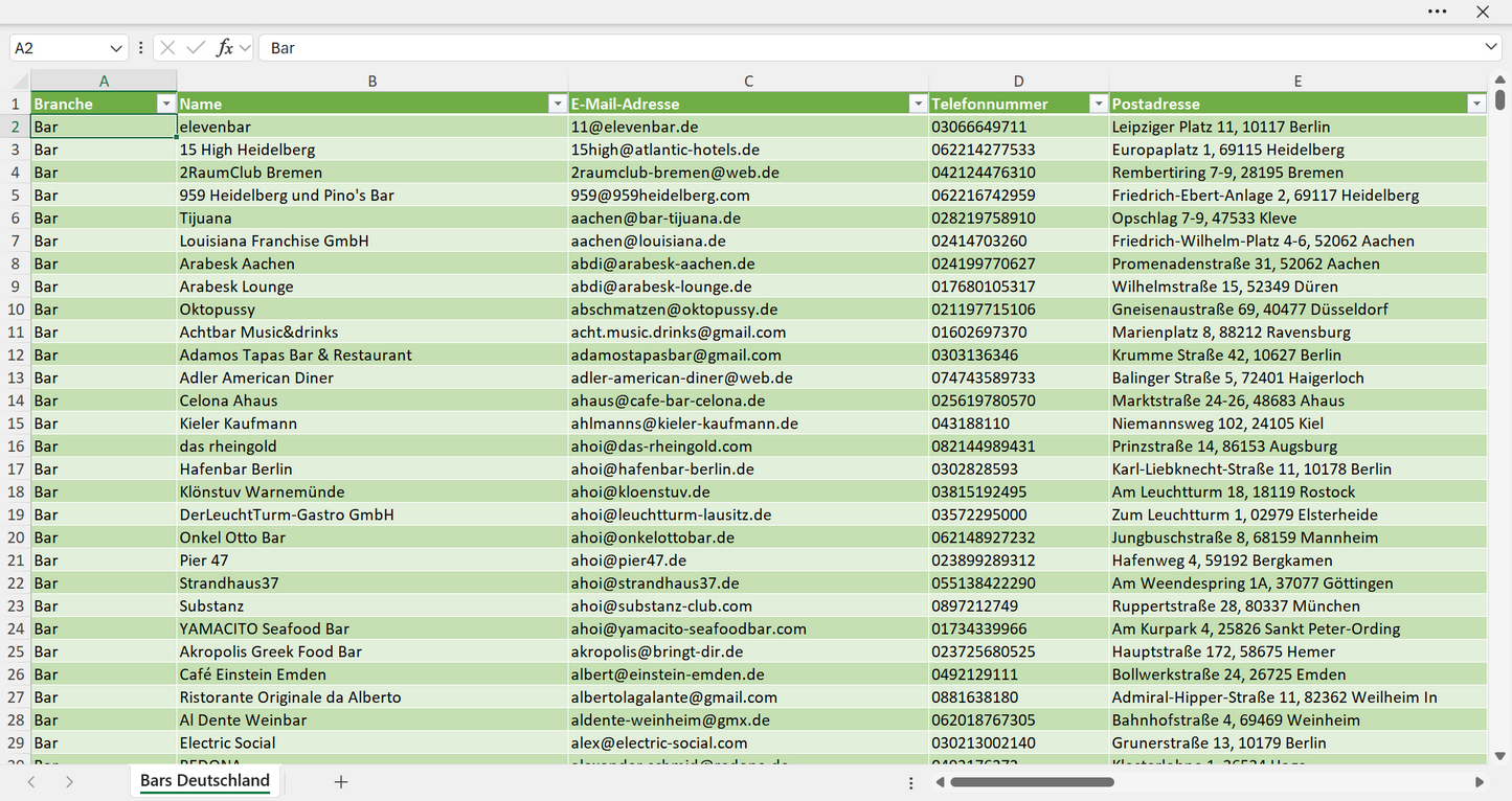Vorschau der Liste mit den Adressen der Bars