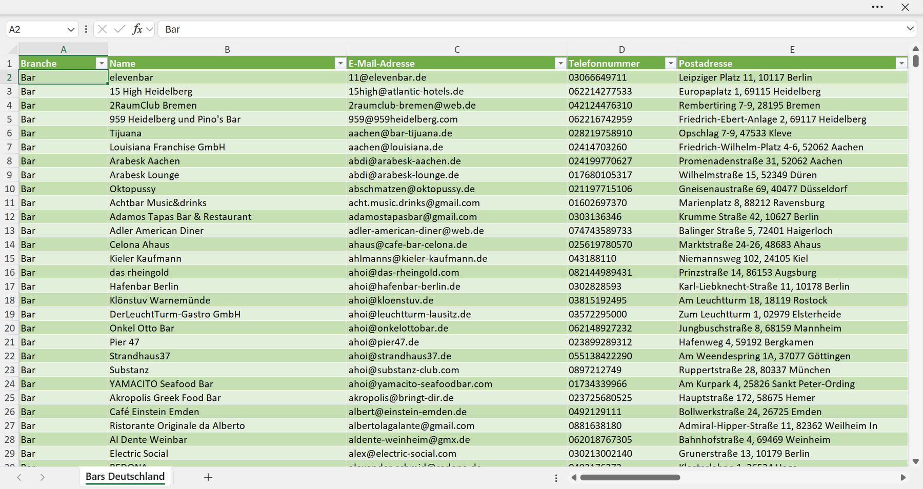 Vorschau der Liste mit den Adressen der Bars