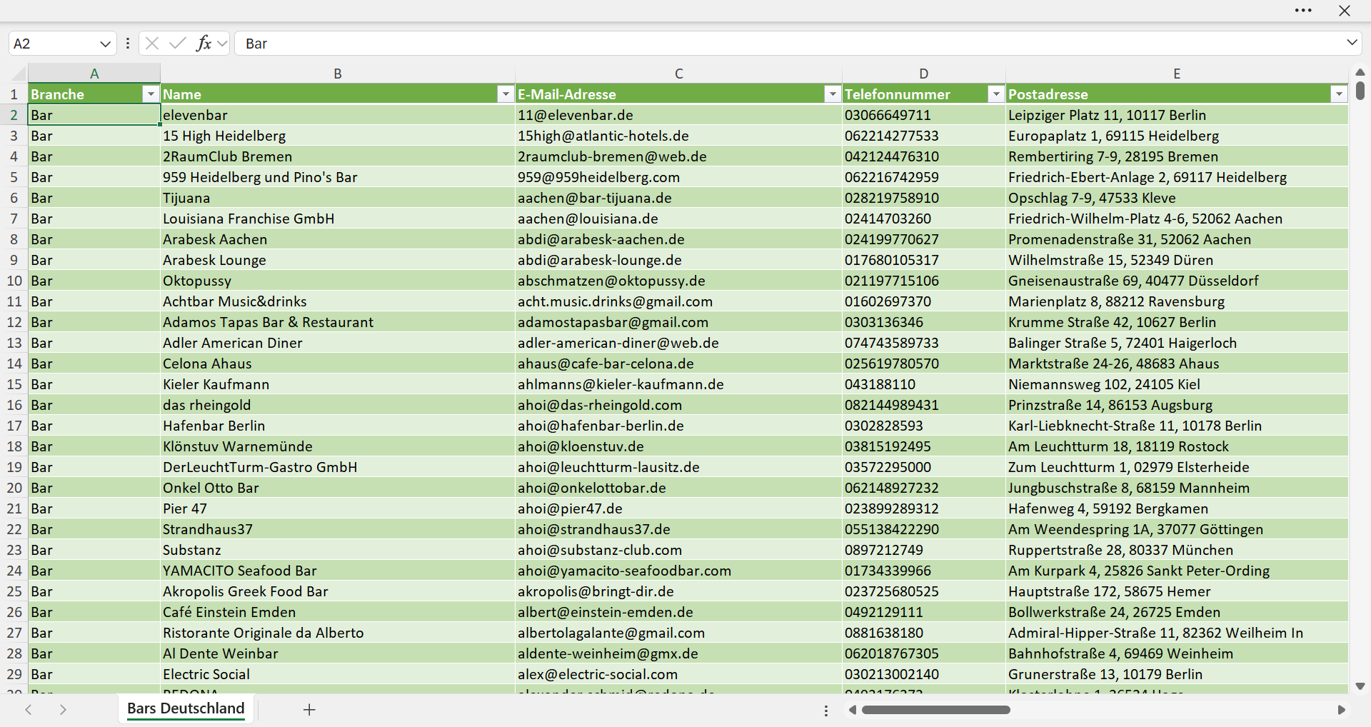 Vorschau der Liste mit den Adressen der Bars