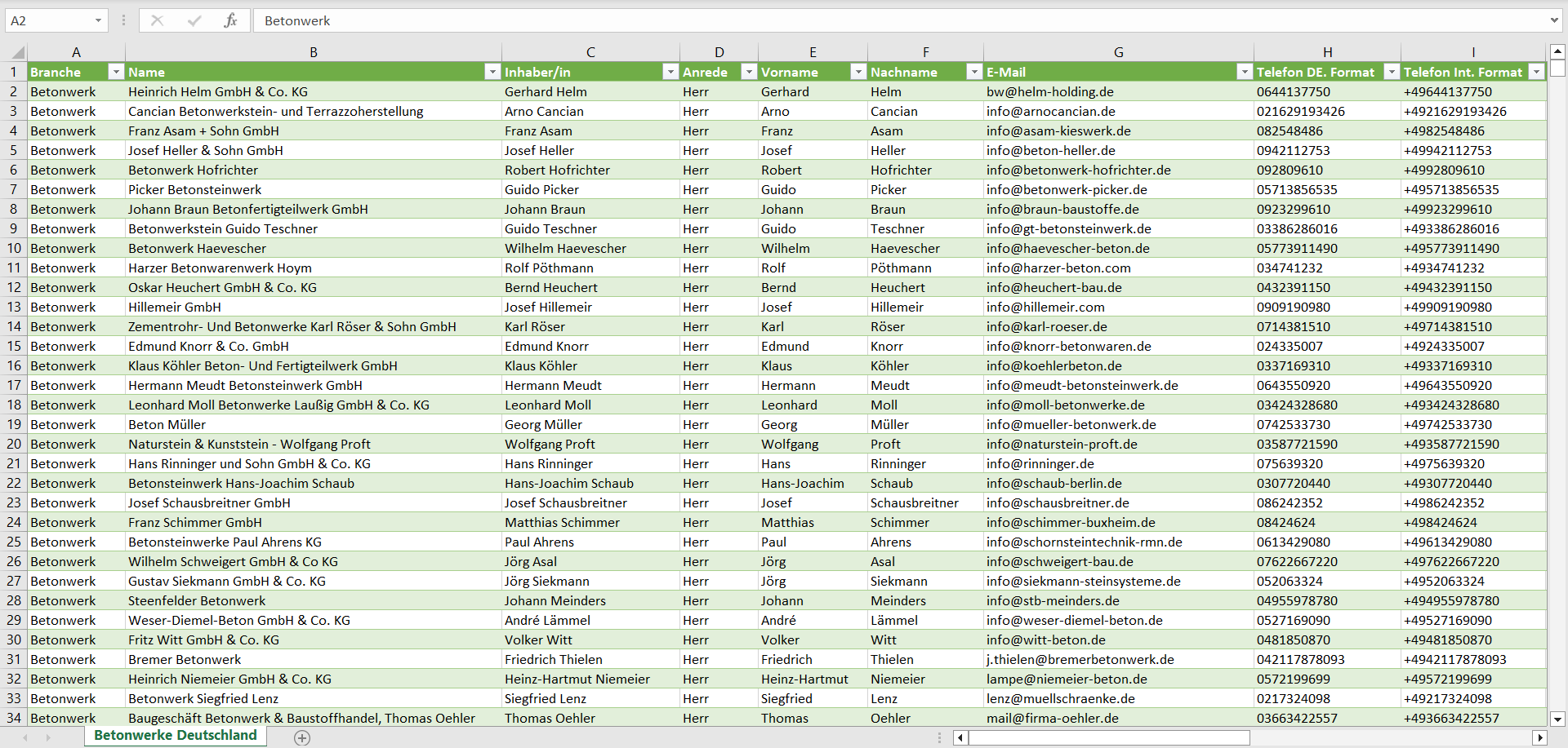 Vorschau der Liste mit den Betonwerk Adressen