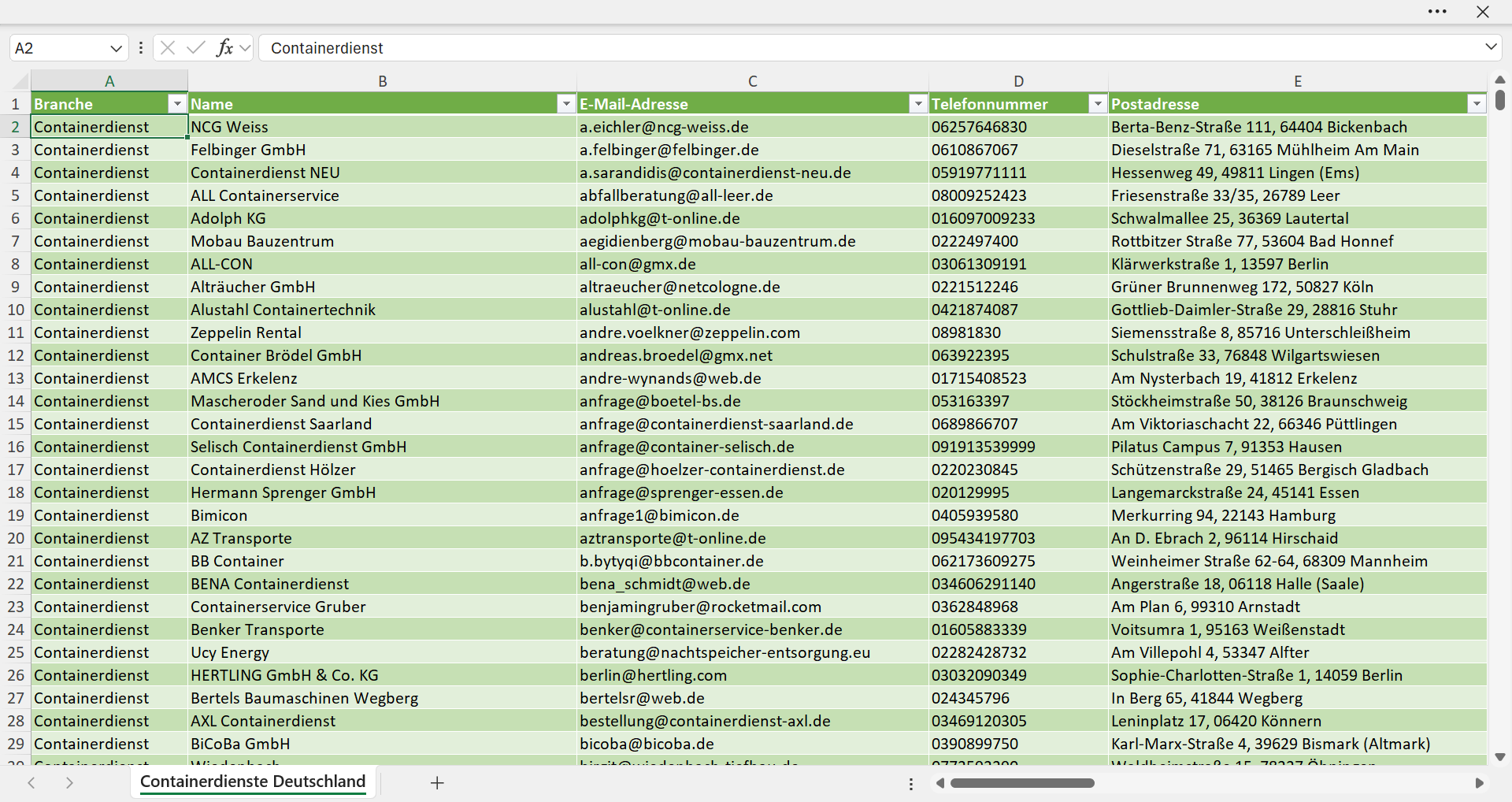 Vorschau der Liste mit den Containerdienst Adressen