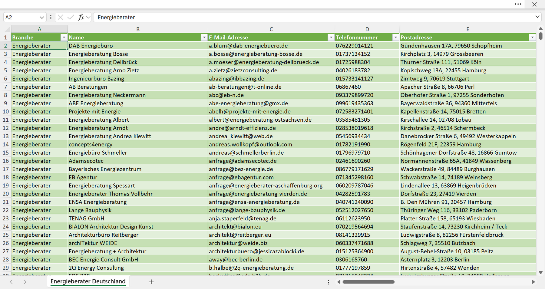 Vorschau der Liste mit den Energieberater Adressen