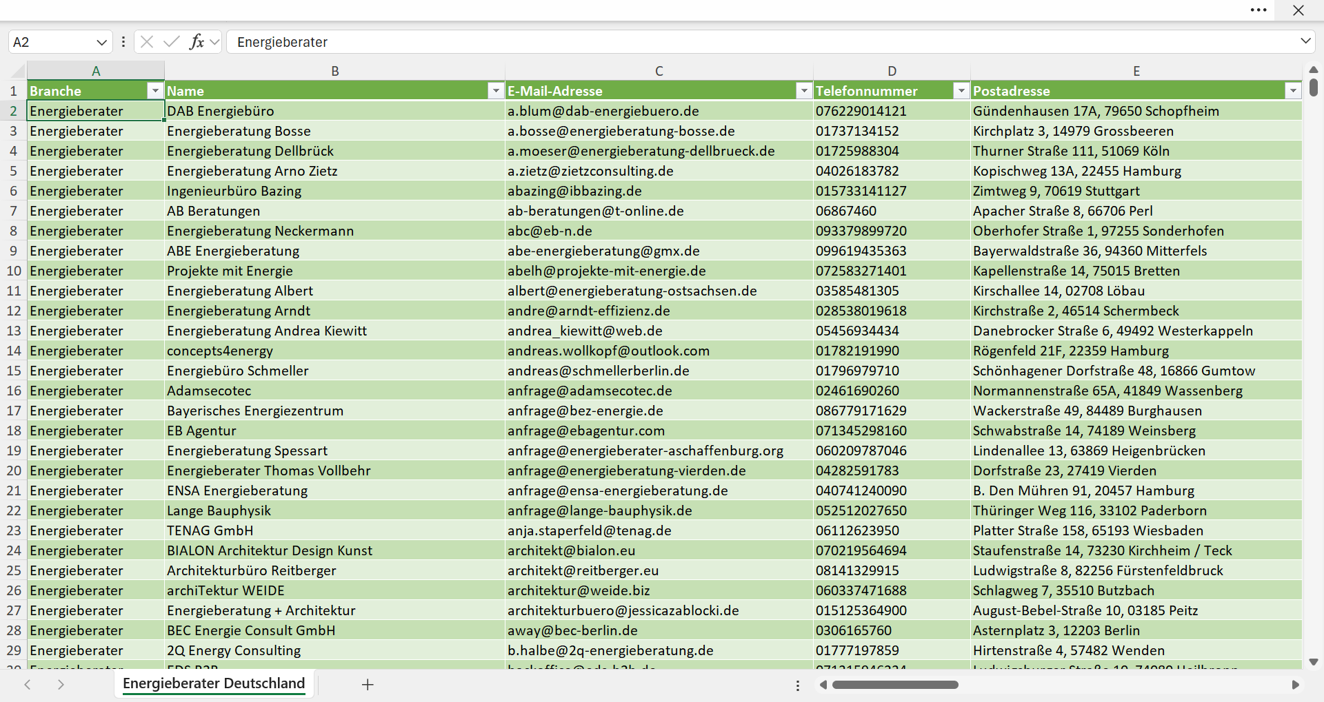 Vorschau der Liste mit den Energieberater Adressen