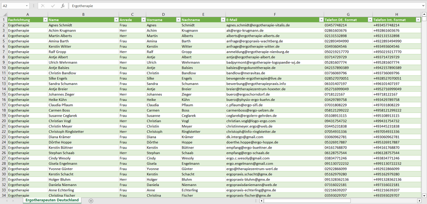 Vorschau der Liste mit den Ergotherapeuten Adressen