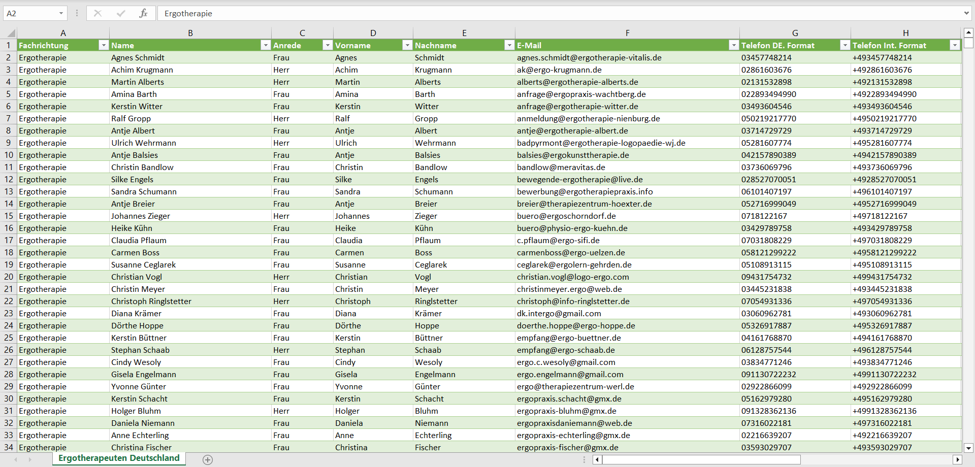 Vorschau der Liste mit den Ergotherapeuten Adressen