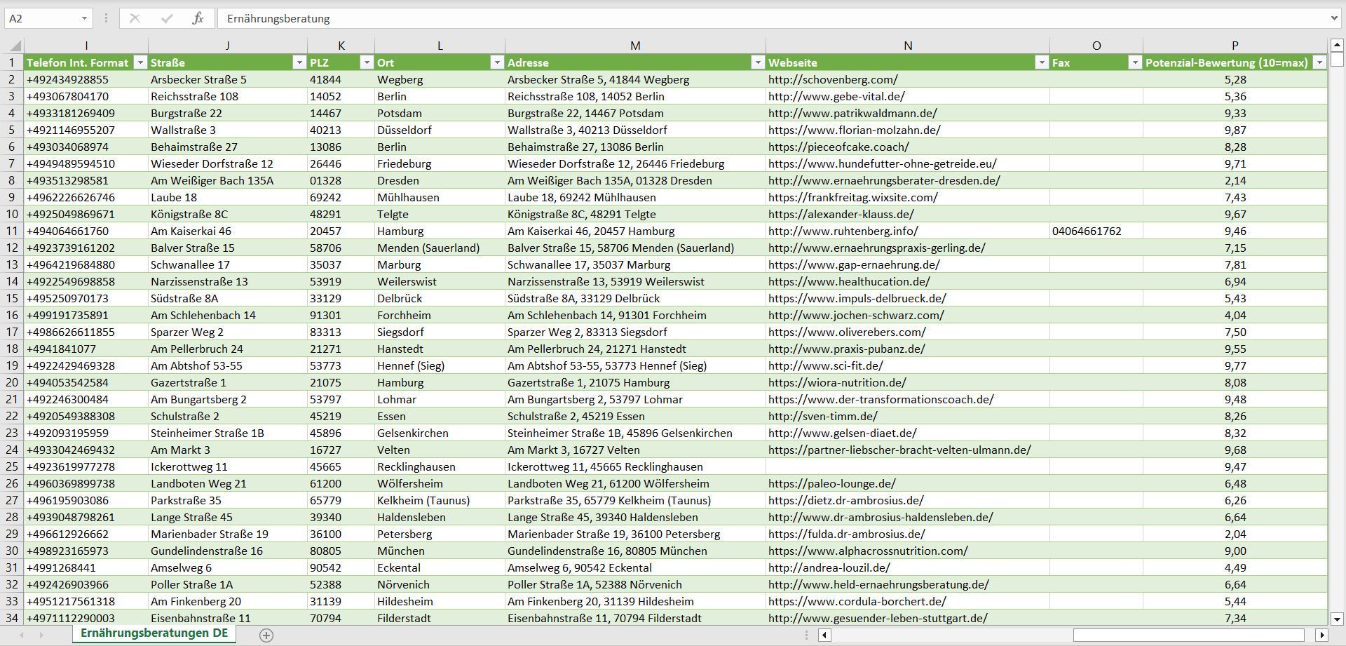 Weitere Vorschau der Liste mit den Adressen der Ernährungsberatungen