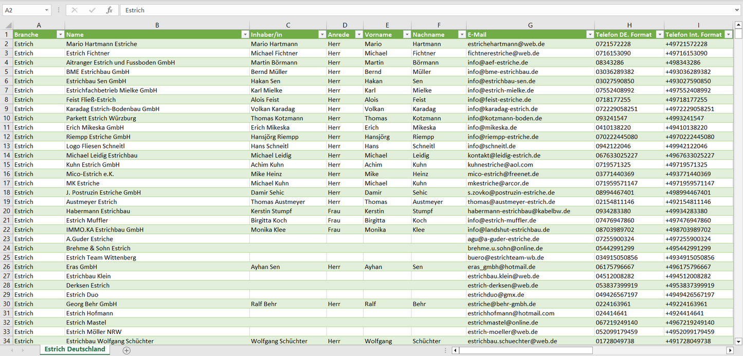 Vorschau der Liste mit den Estrich-Adressen