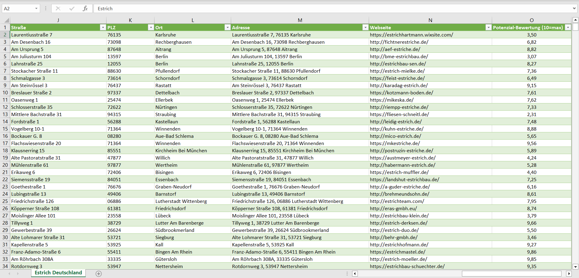 Weitere Vorschau der Liste mit den Estrich-Adressen