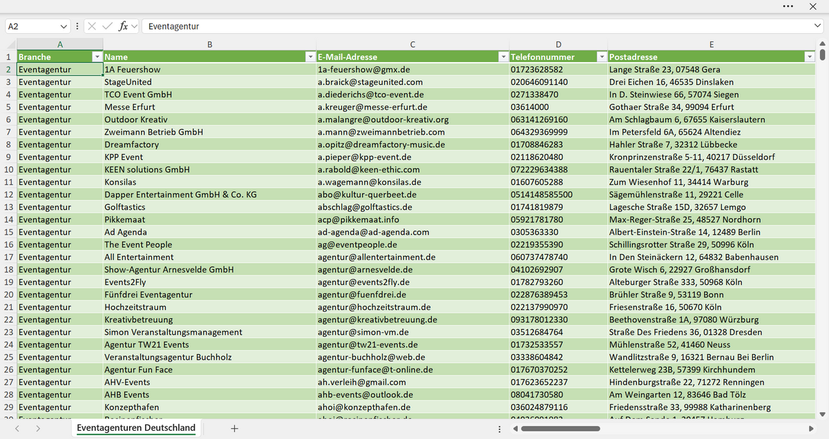 Vorschau der Liste mit den Eventagentur Adressen