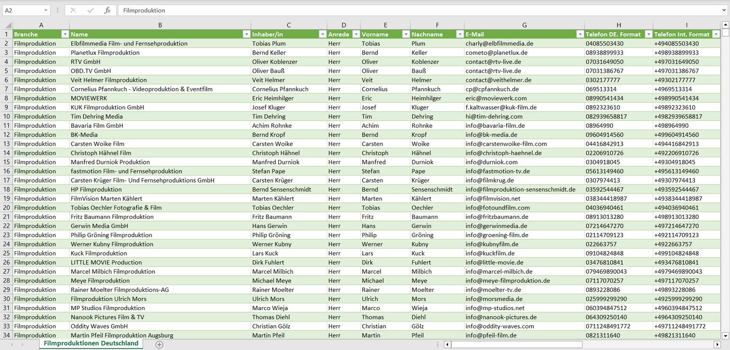 Vorschau der Liste mit den Adressen von Filmproduktions-Unternehmen