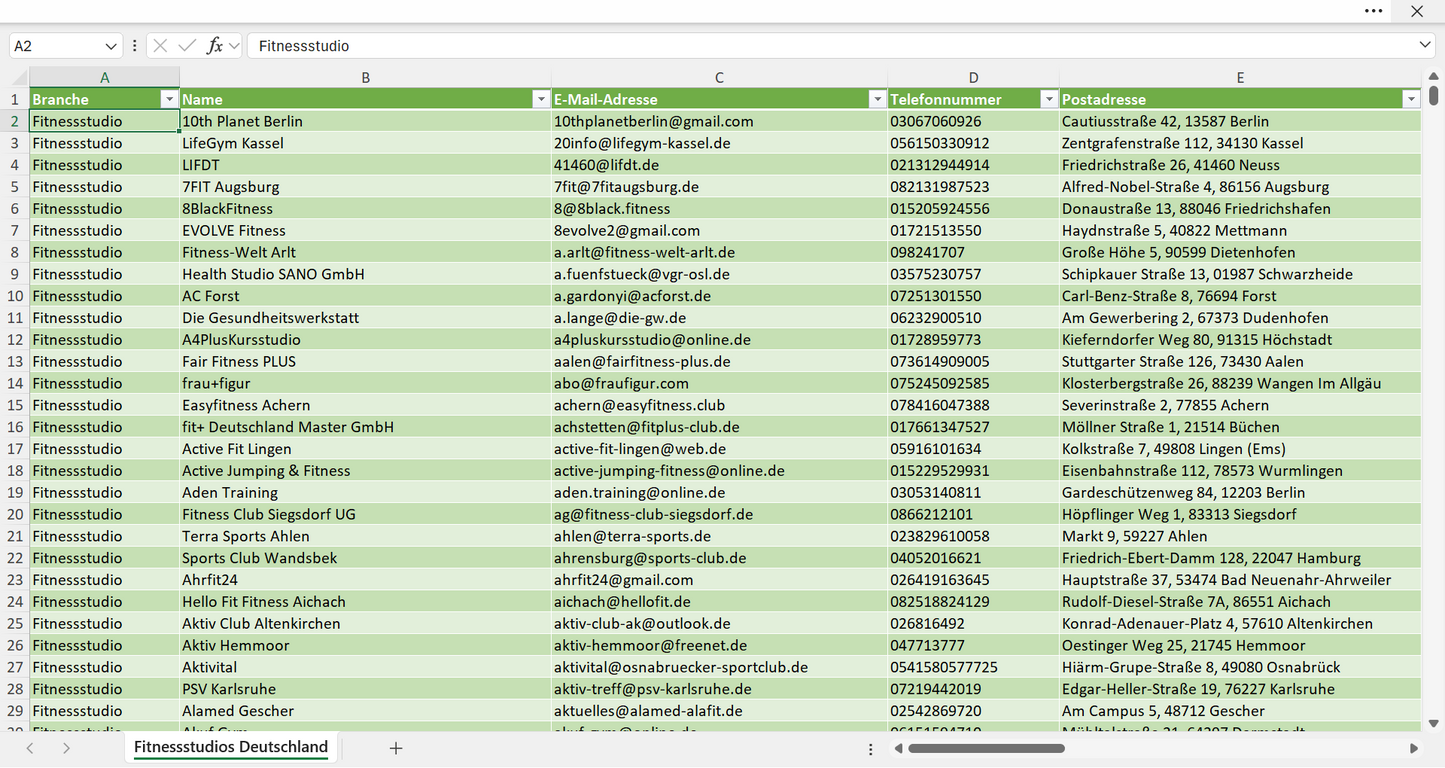 Vorschau der Liste mit den Fitnessstudio Adressen