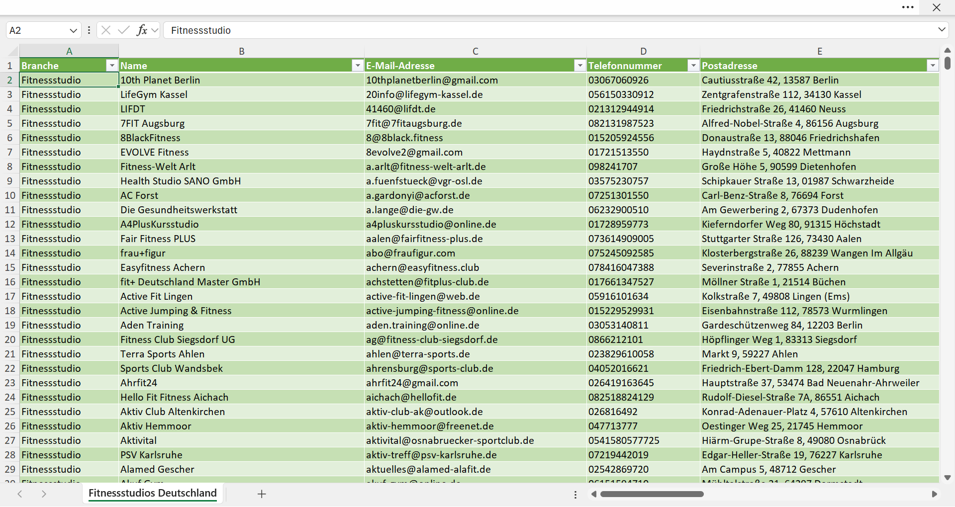 Vorschau der Liste mit den Fitnessstudio Adressen