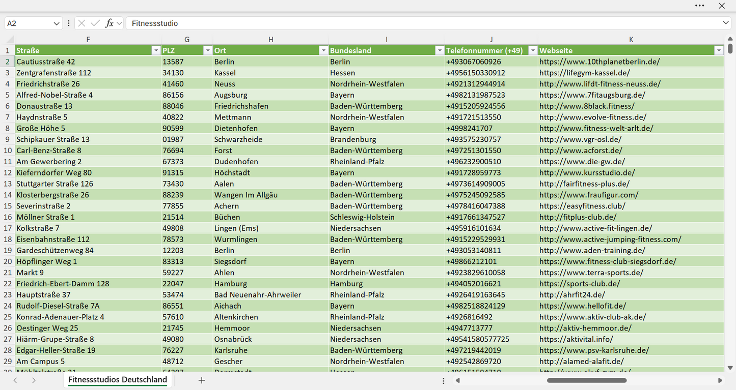 Weitere Vorschau der Liste mit den Fitnessstudio Adressen