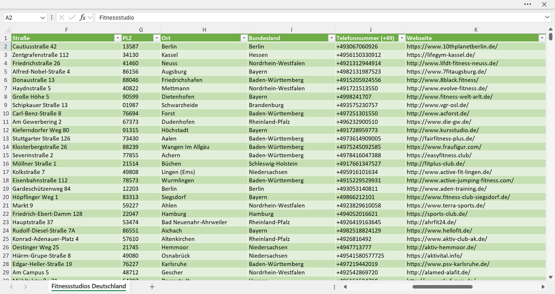 Weitere Vorschau der Liste mit den Fitnessstudio Adressen