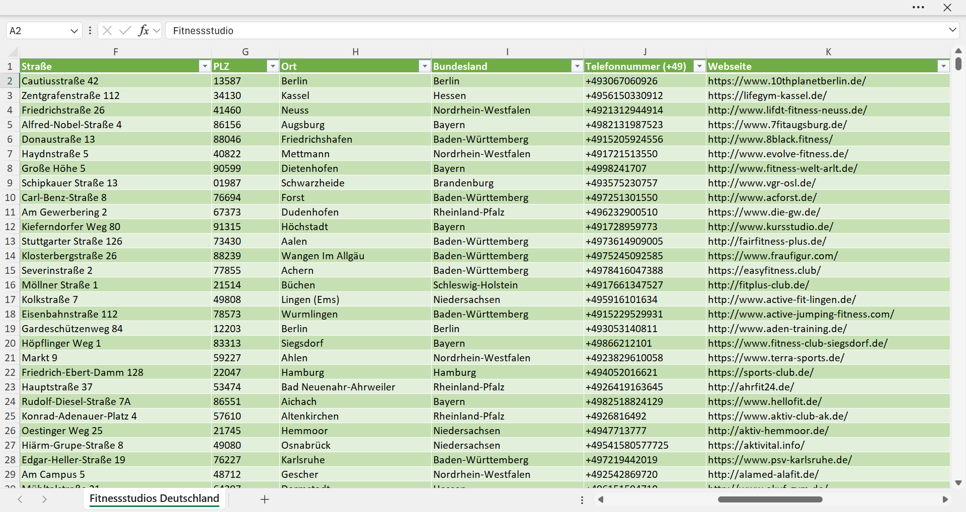 Weitere Vorschau der Liste mit den Fitnessstudio Adressen