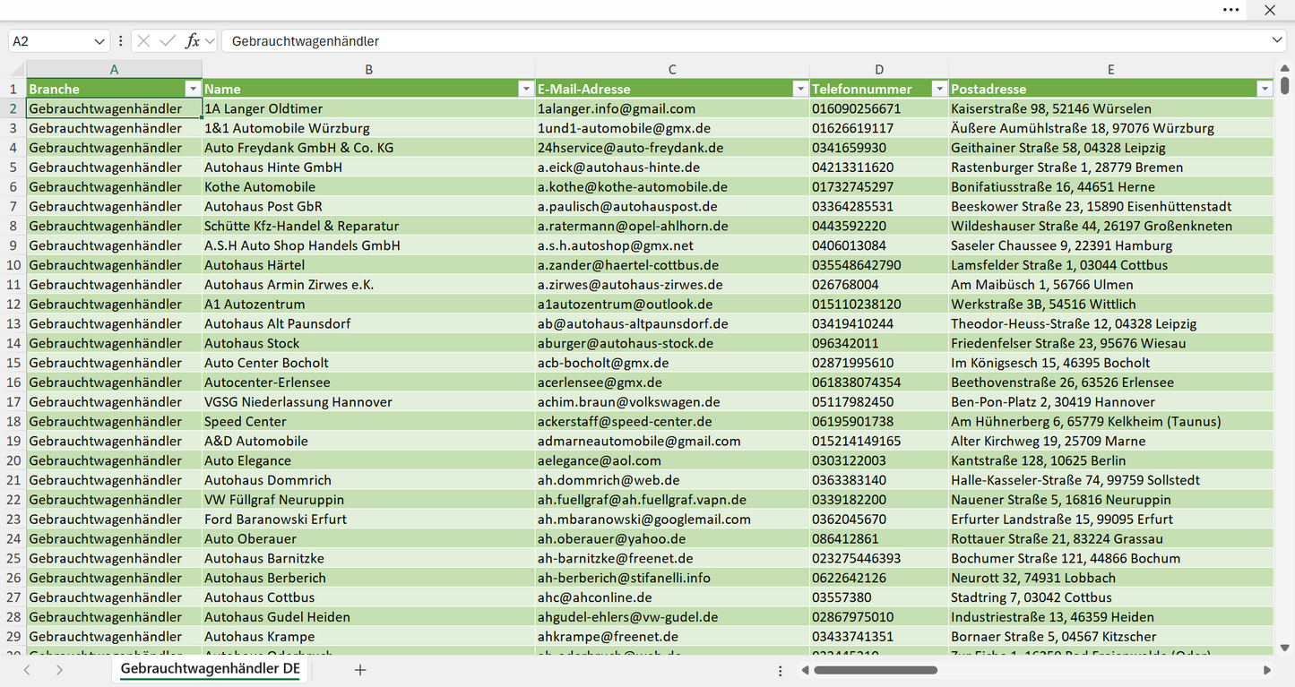 Vorschau der Liste mit den Gebrauchtwagenhändler Adressen