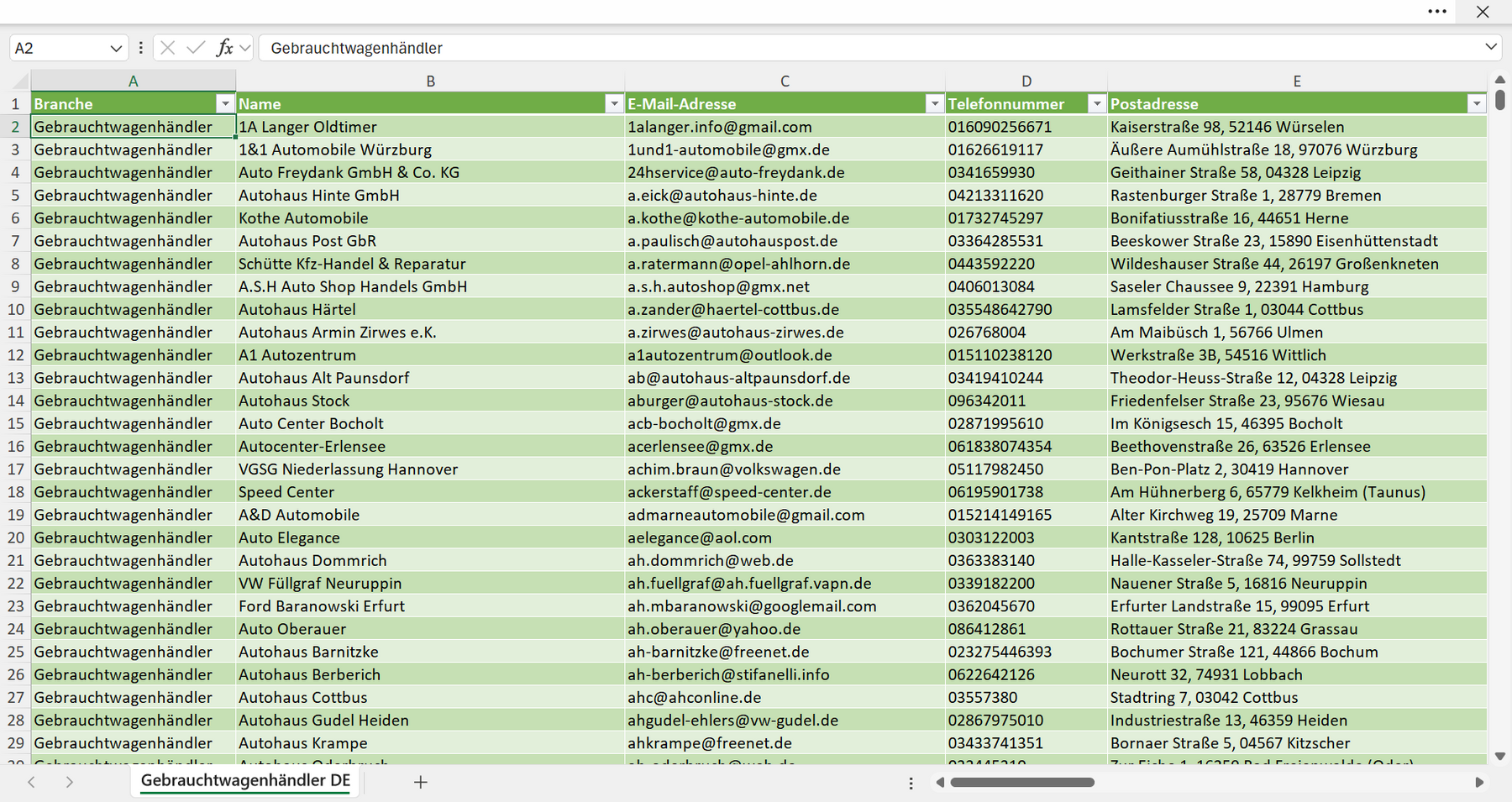 Vorschau der Liste mit den Gebrauchtwagenhändler Adressen