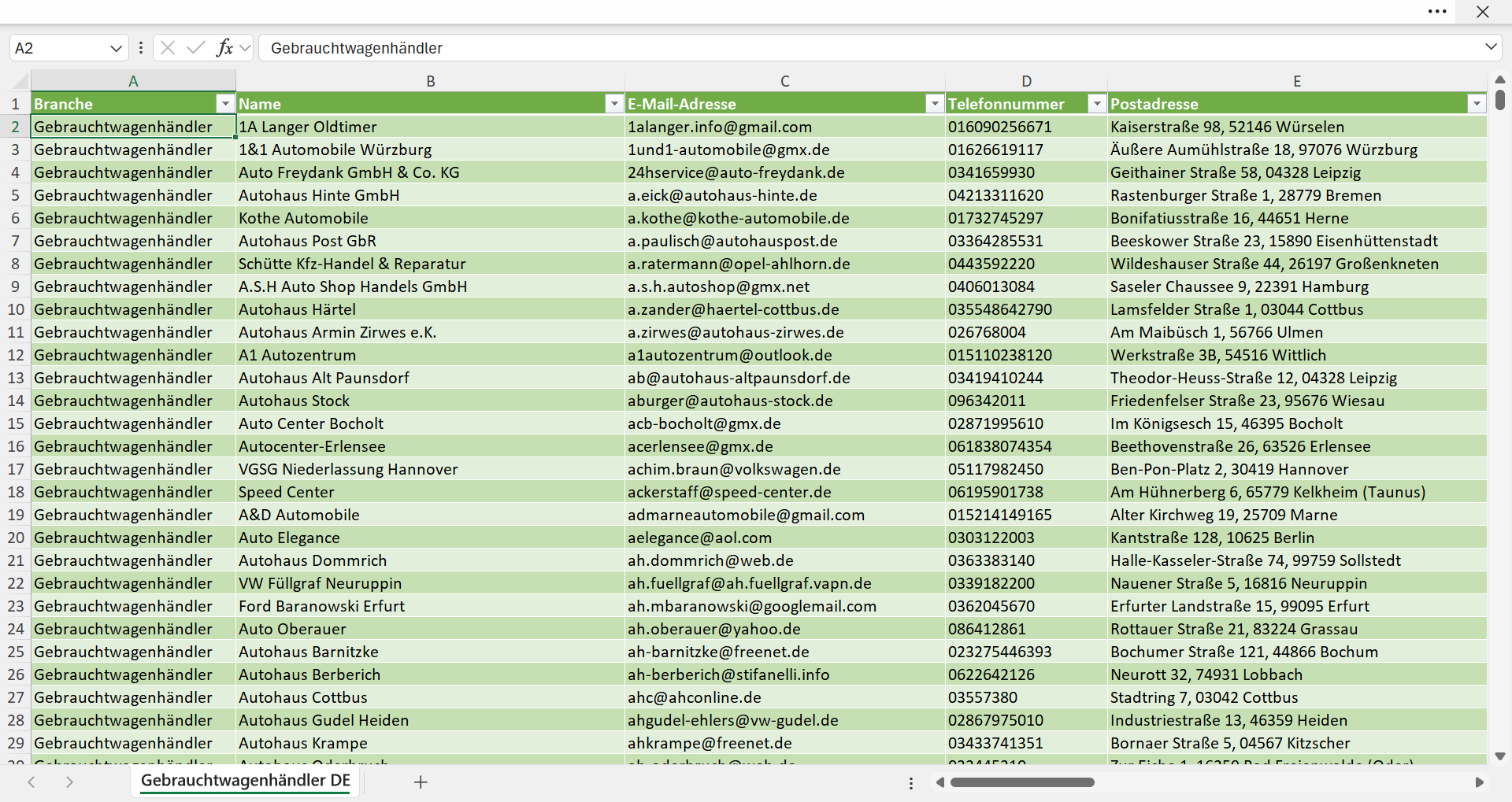 Vorschau der Liste mit den Gebrauchtwagenhändler Adressen