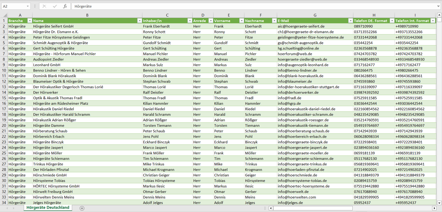 Vorschau der Liste mit den Adressen der Hörgerät-Geschäfte