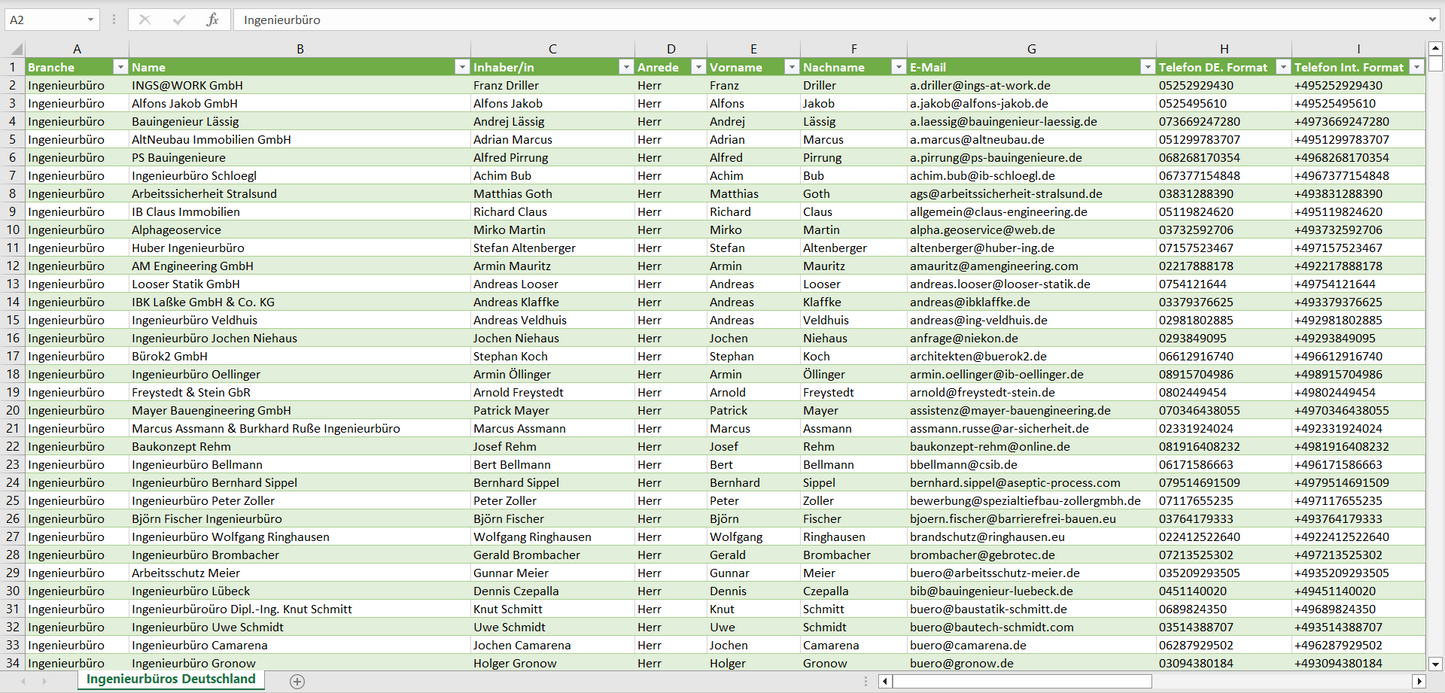 Vorschau der Liste mit den Ingenieurbüro Adressen