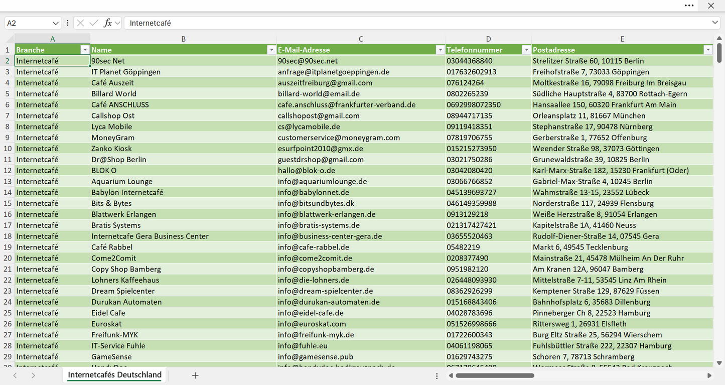 Vorschau der Liste mit den Internetcafé Adressen