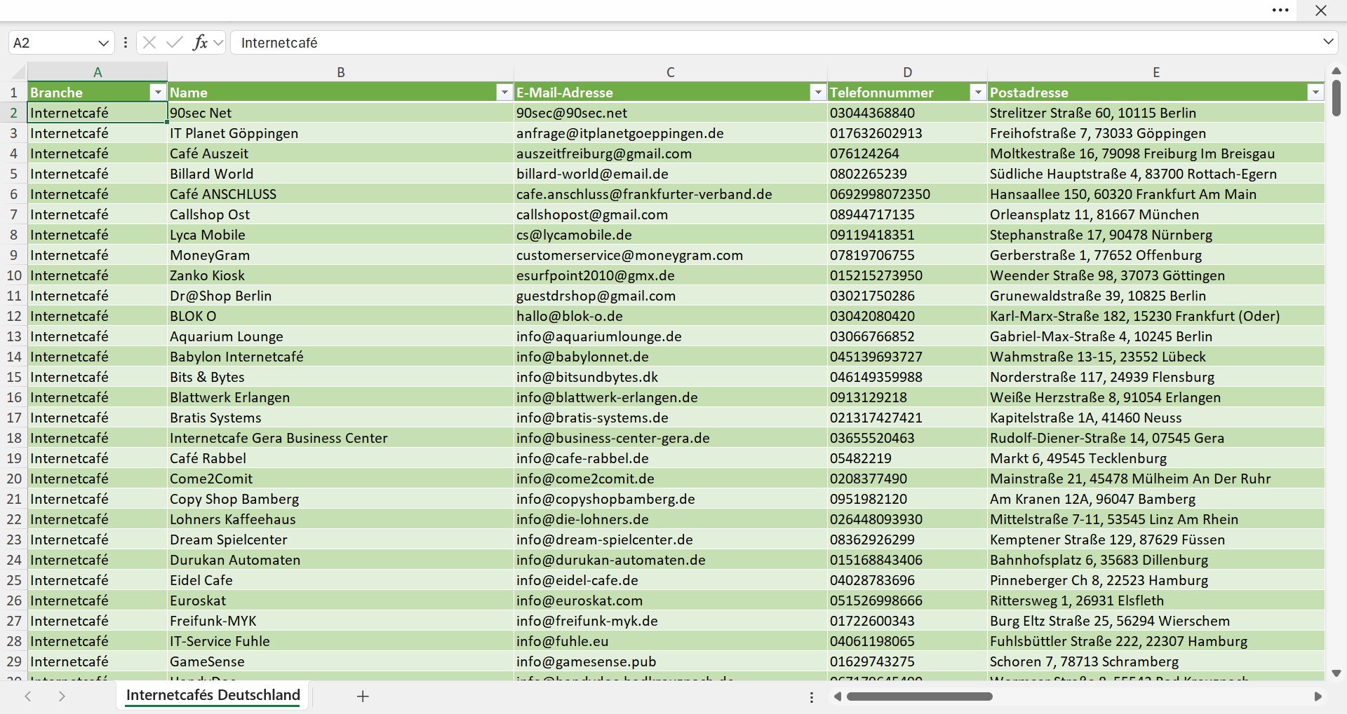 Vorschau der Liste mit den Internetcafé Adressen