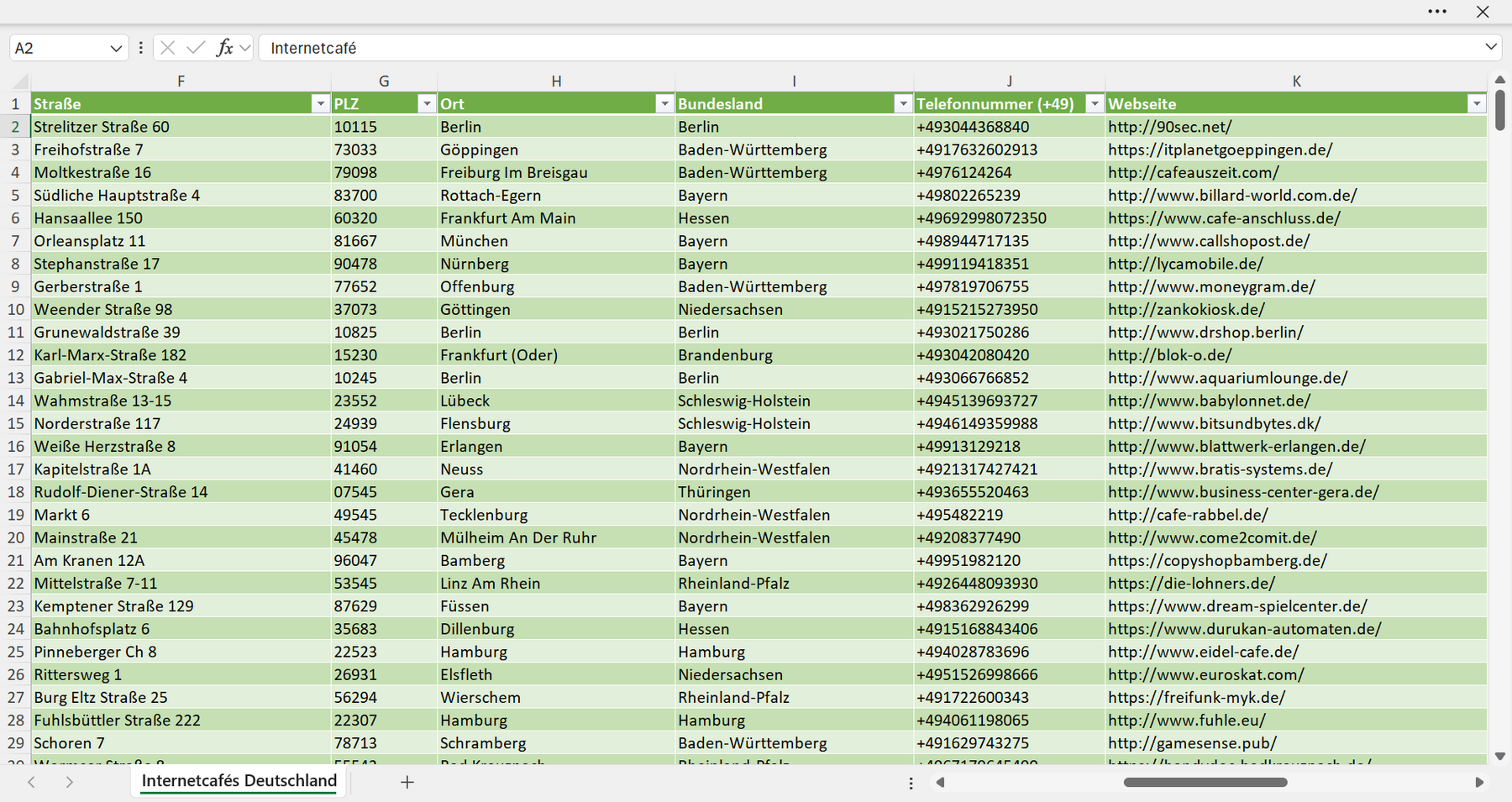 Weitere Vorschau der Liste mit den Internetcafé Adressen
