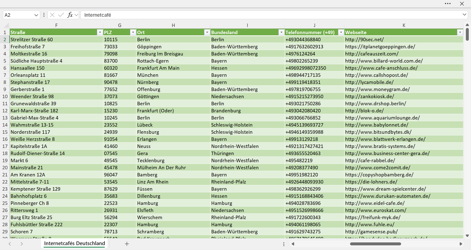 Weitere Vorschau der Liste mit den Internetcafé Adressen