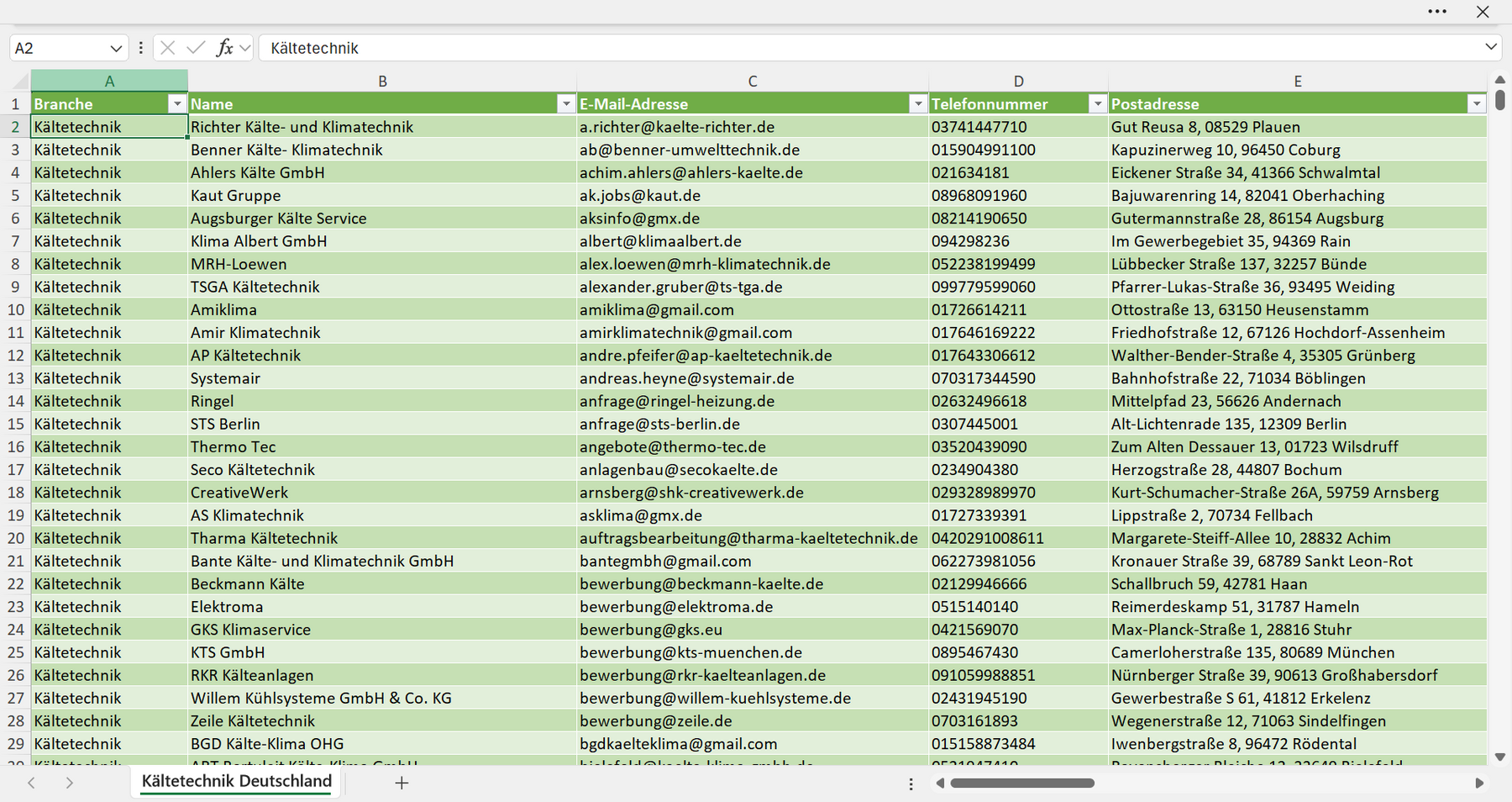 Vorschau der Liste mit den Adressen der Kältetechnik-Betriebe