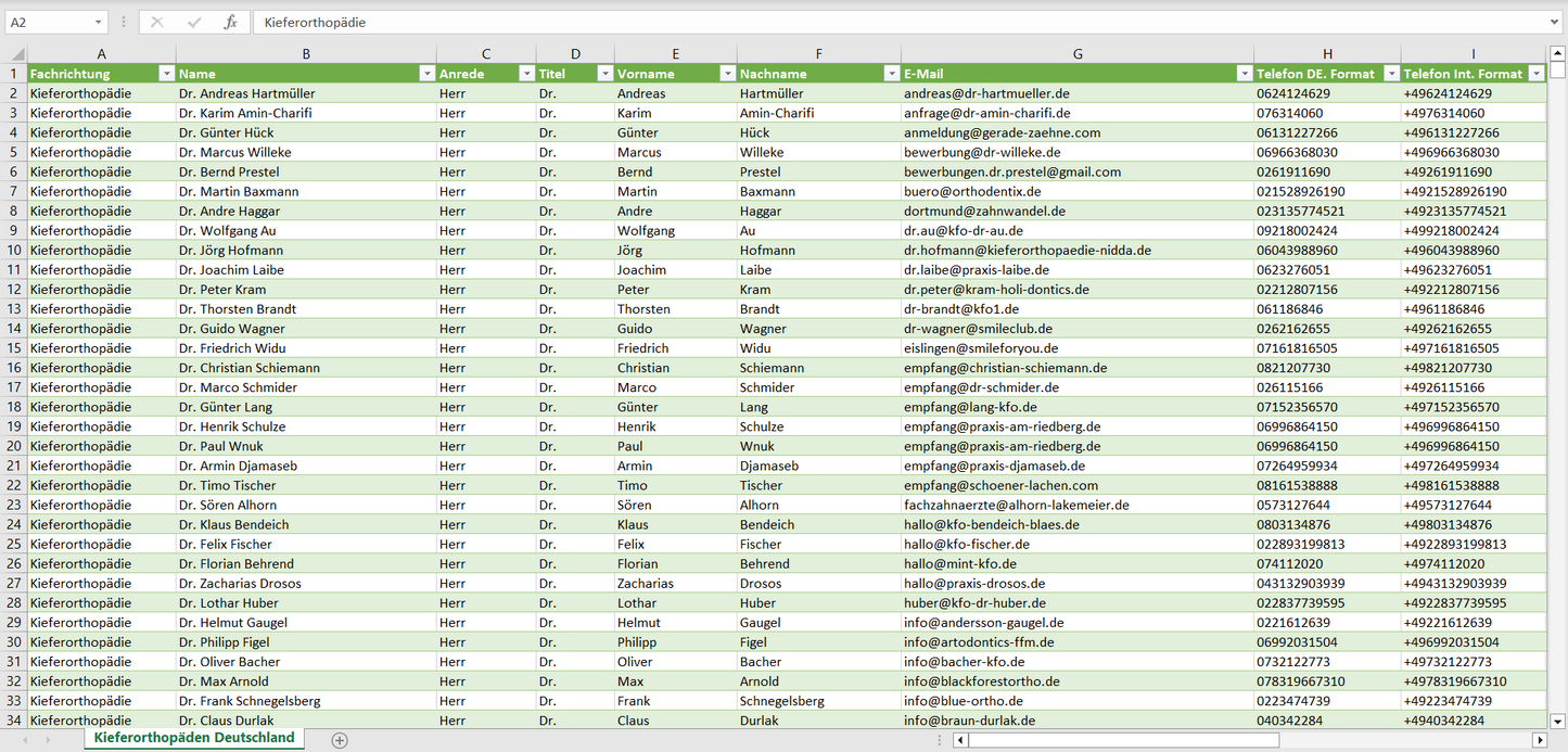 Vorschau der Liste mit den Kieferorthopäden Adressen