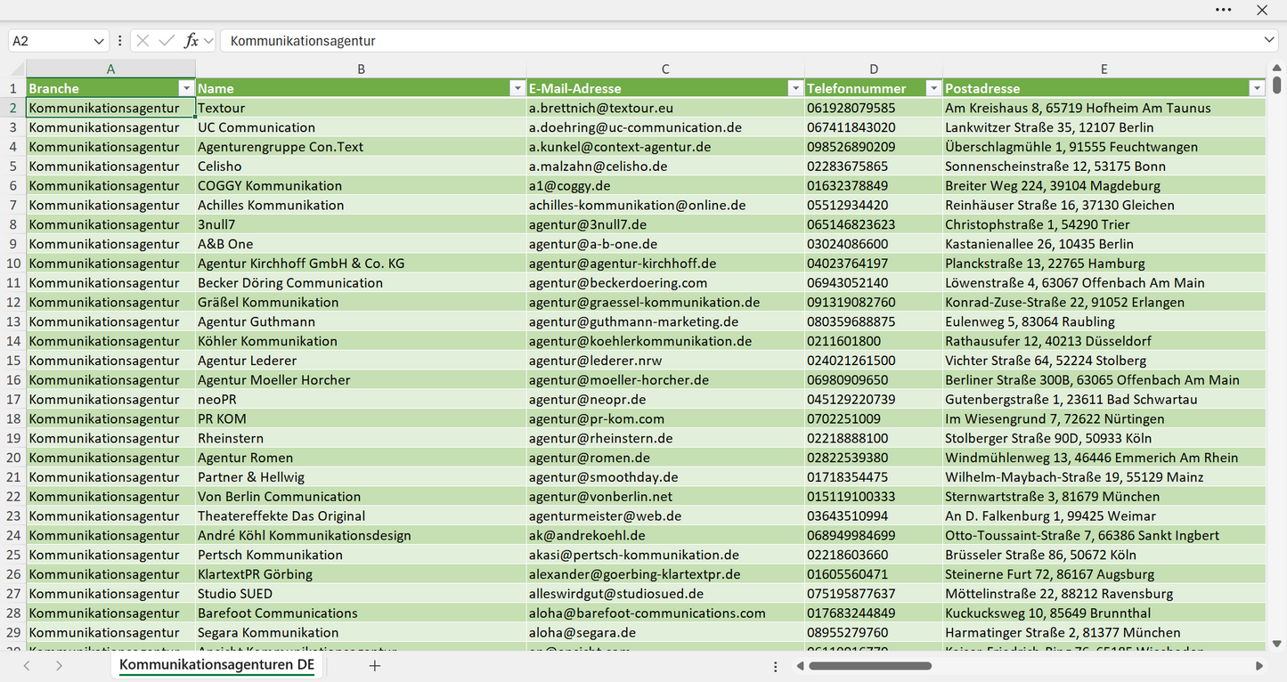 Vorschau der Liste mit den Adressen der Kommunikationsagenturen