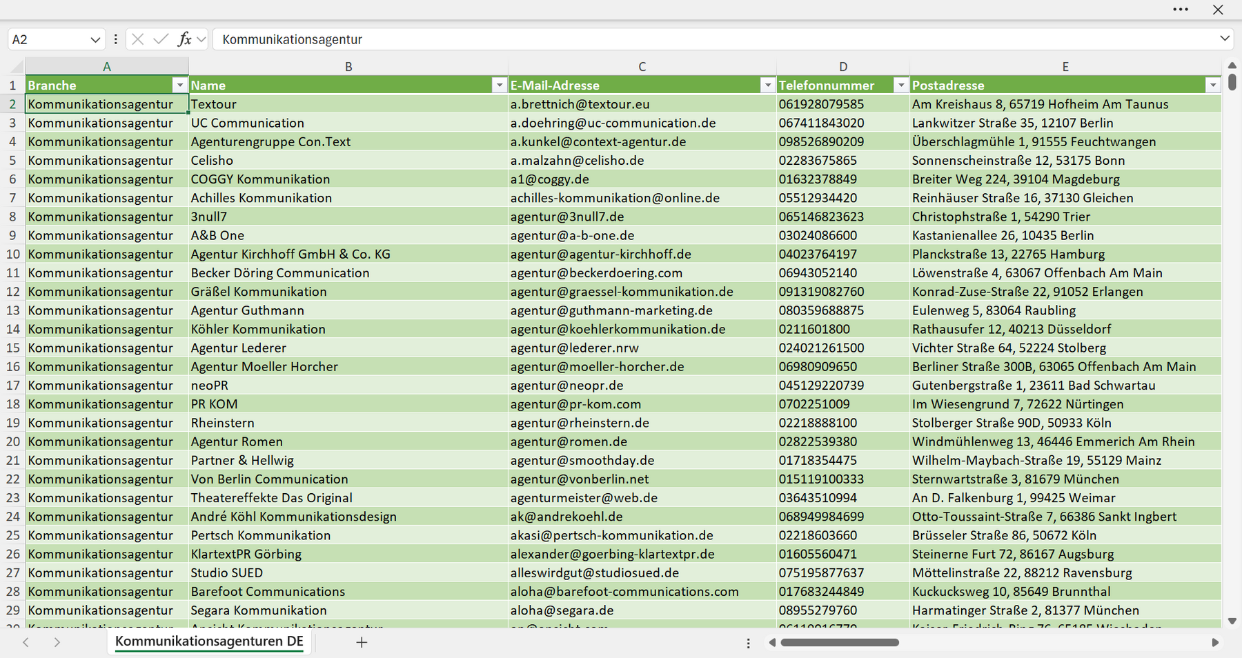 Vorschau der Liste mit den Adressen der Kommunikationsagenturen