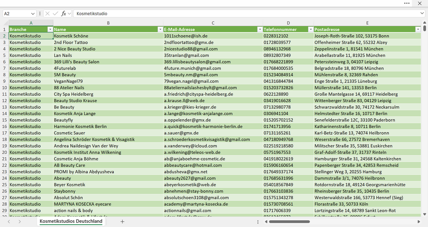 Vorschau der Liste mit den Kosmetikstudio-Adressen