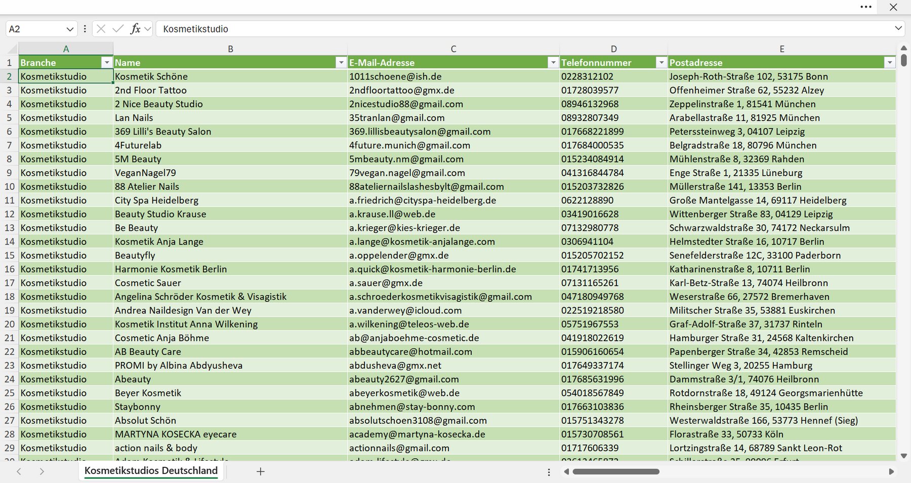 Vorschau der Liste mit den Kosmetikstudio-Adressen