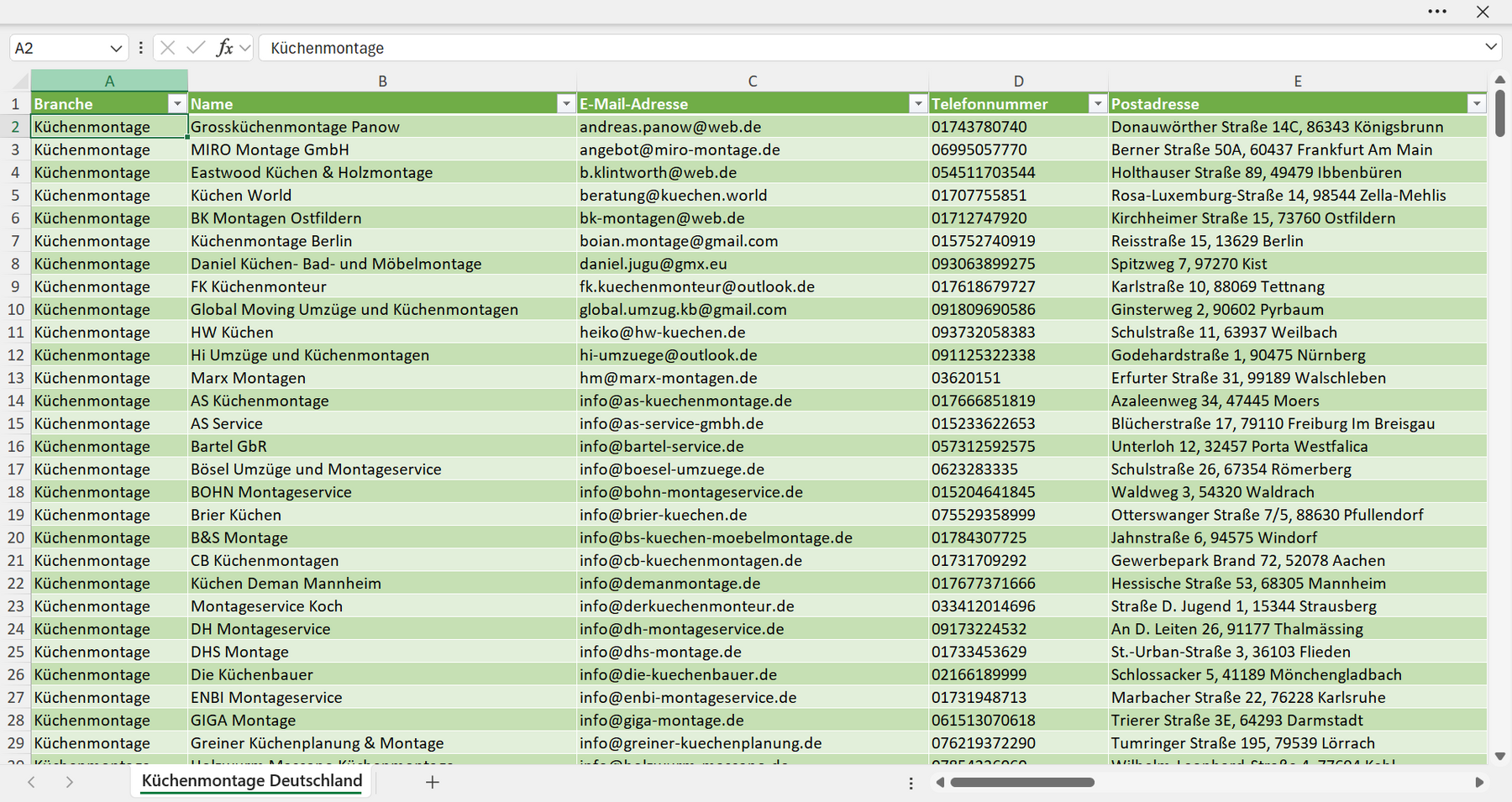 Vorschau der Liste mit den Küchenmontage Adressen