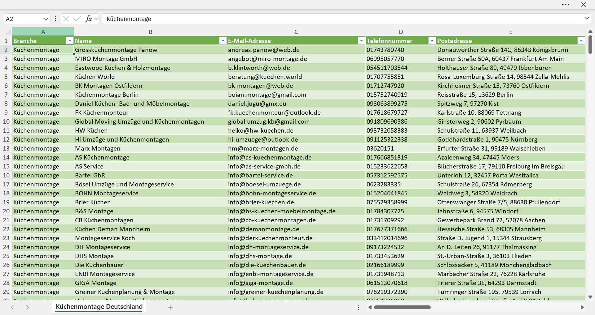 Vorschau der Liste mit den Küchenmontage Adressen