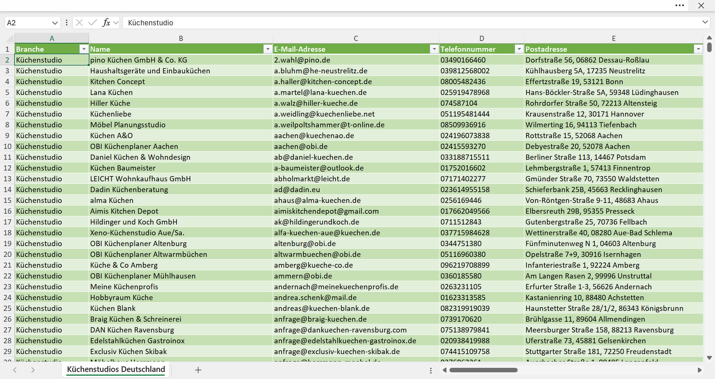 Vorschau der Liste mit den Küchenstudio Adressen