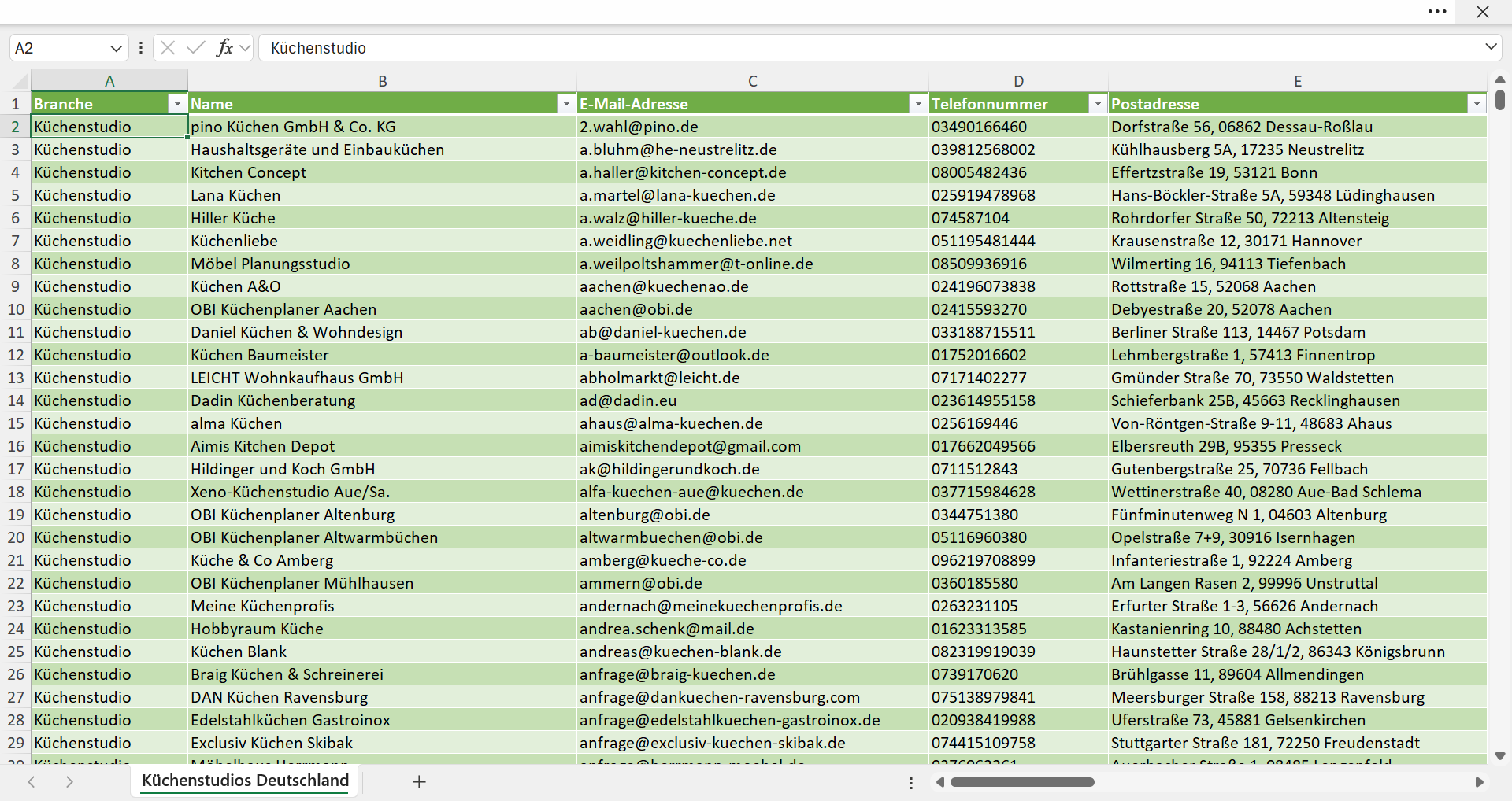 Vorschau der Liste mit den Küchenstudio Adressen