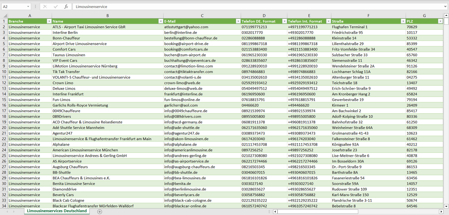 Vorschau der Liste mit den Limousinenservice Adressen