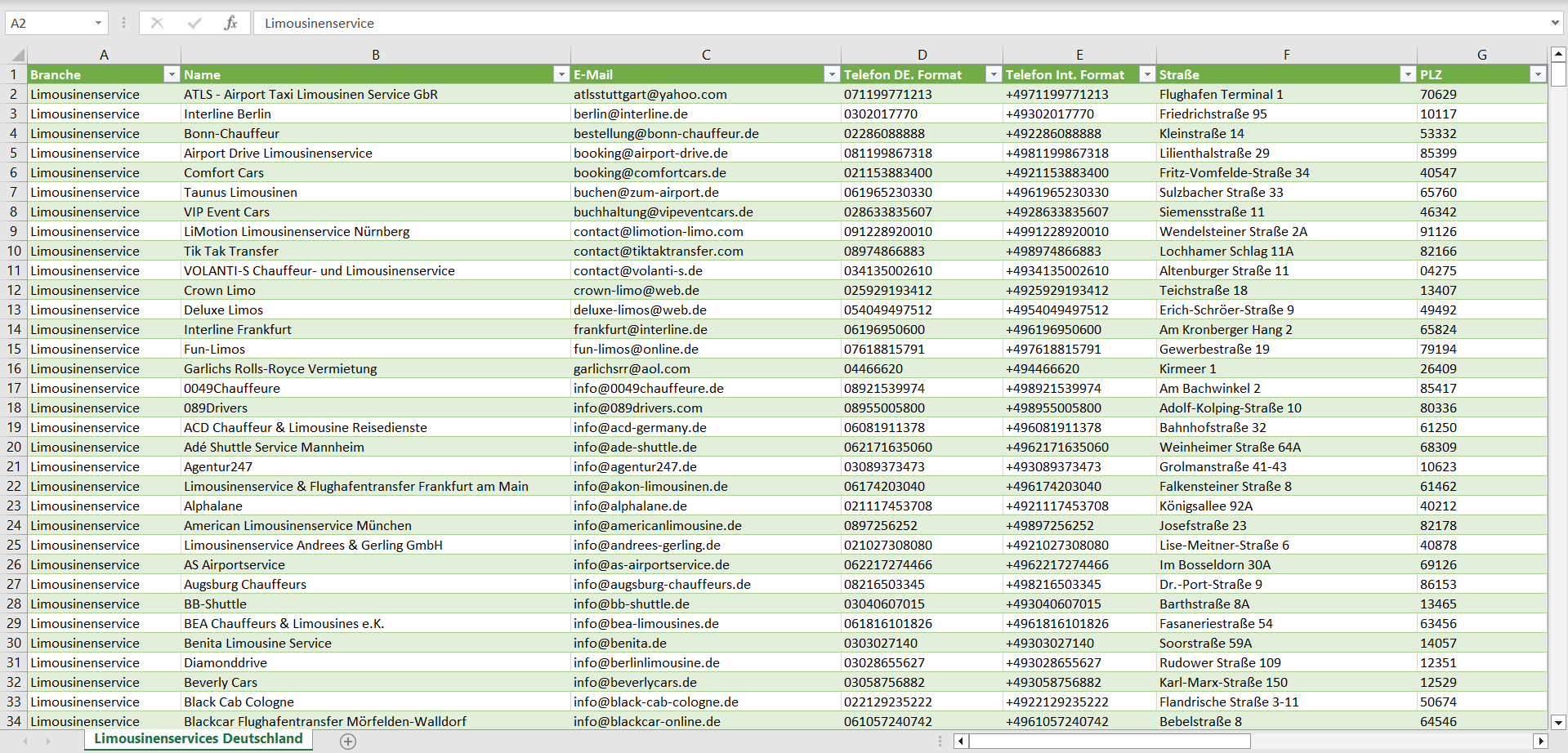 Vorschau der Liste mit den Limousinenservice Adressen