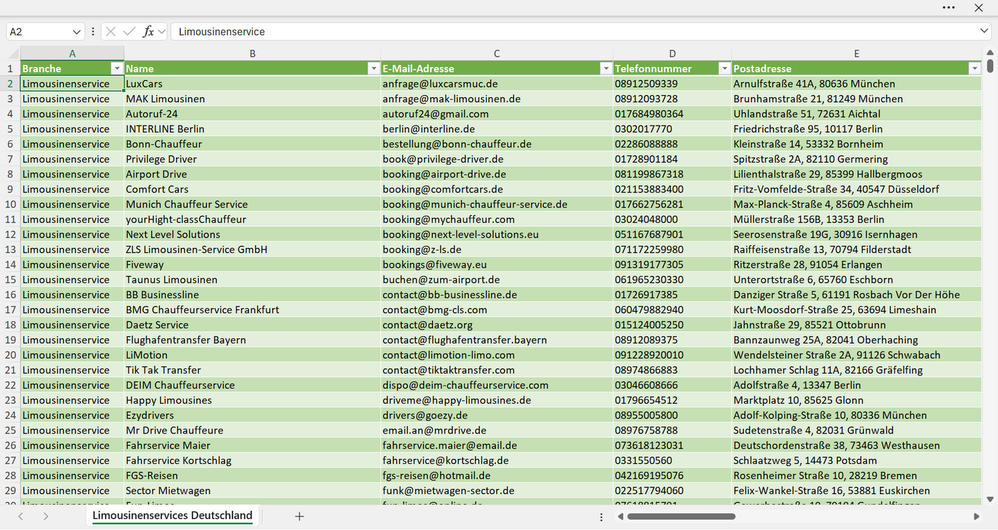 Vorschau der Liste mit den Limousinenservice Adressen