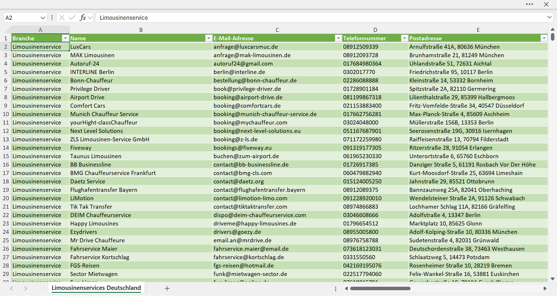 Vorschau der Liste mit den Limousinenservice Adressen