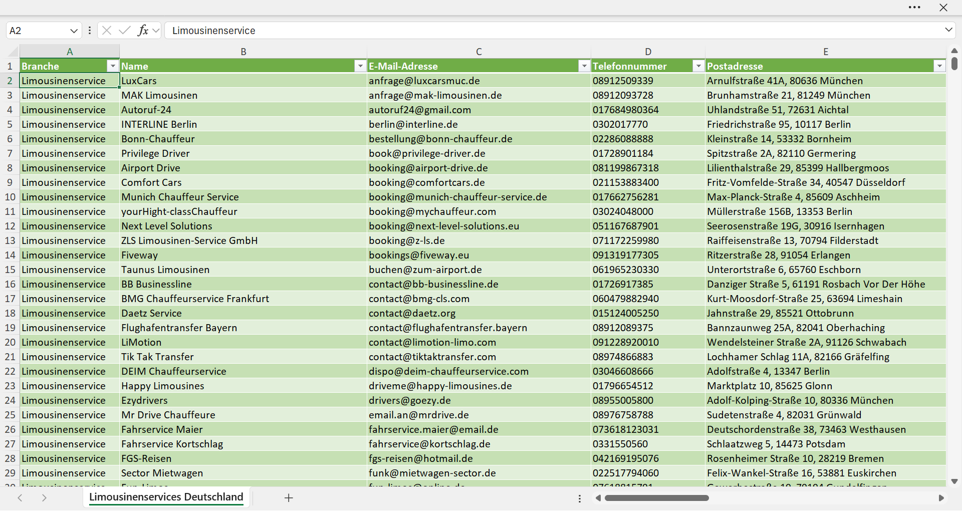 Vorschau der Liste mit den Limousinenservice Adressen