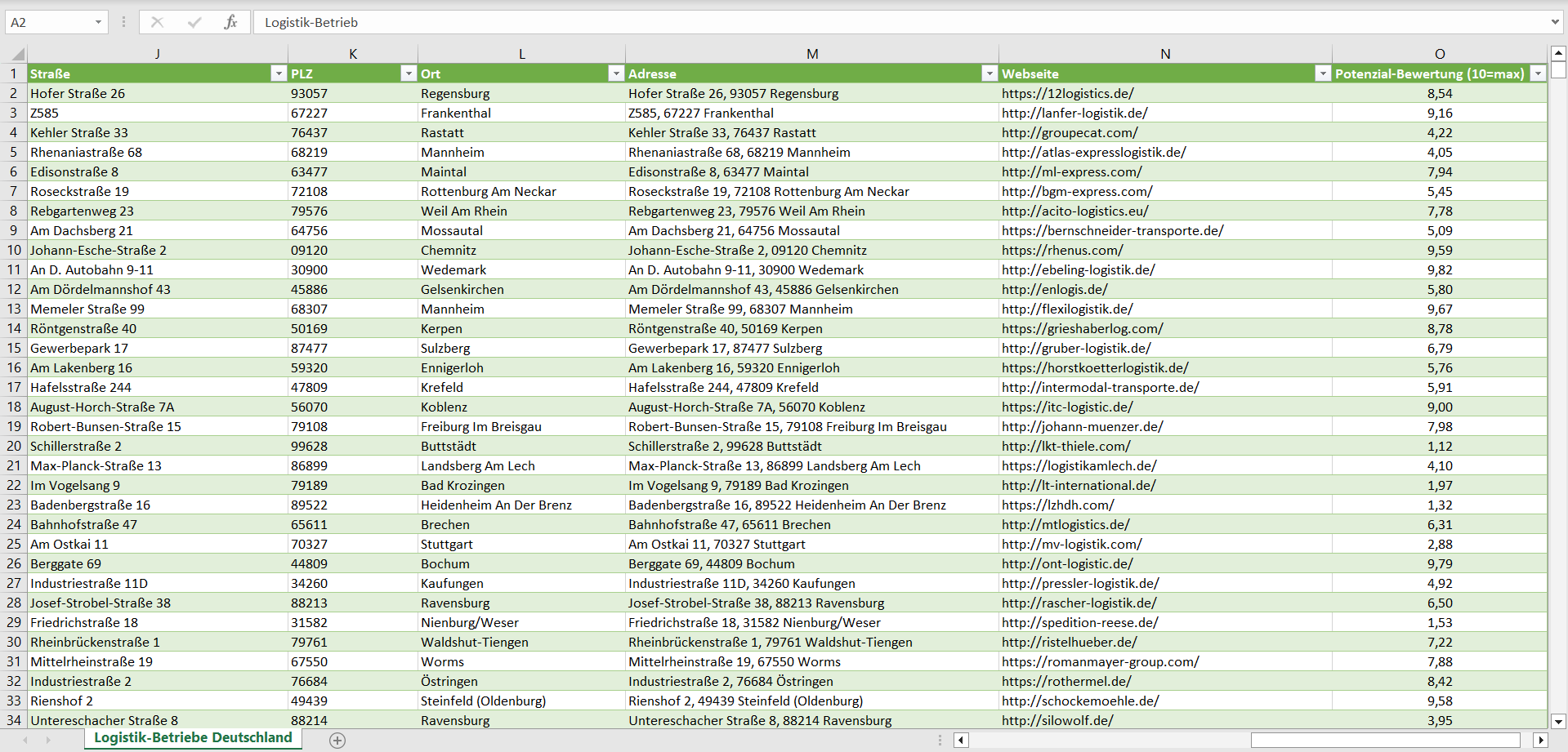 Weitere Vorschau der Liste mit den Logistik-Betrieben