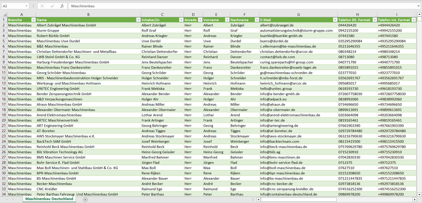 Vorschau der Liste mit den Adressen der Maschinenbaubetriebe