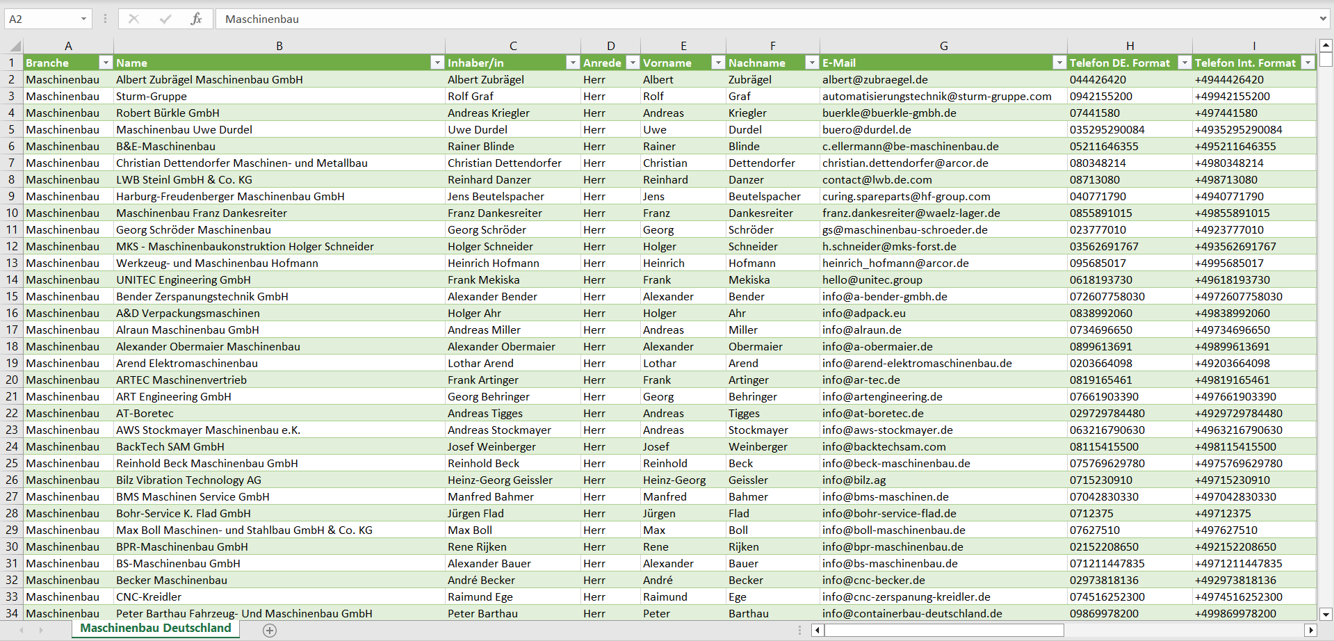 Vorschau der Liste mit den Adressen der Maschinenbaubetriebe