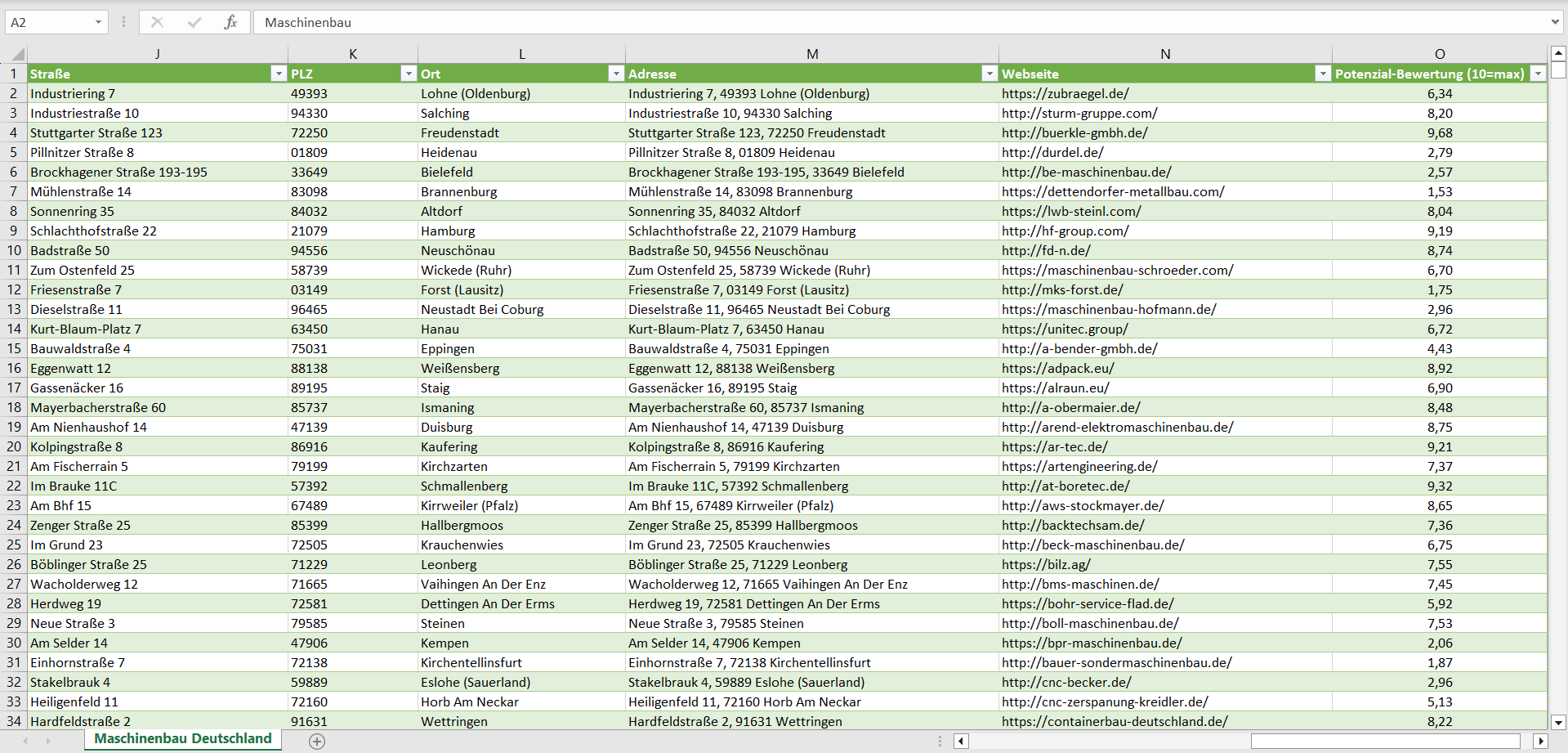 Weitere Vorschau der Liste mit den Adressen der Maschinenbaubetriebe