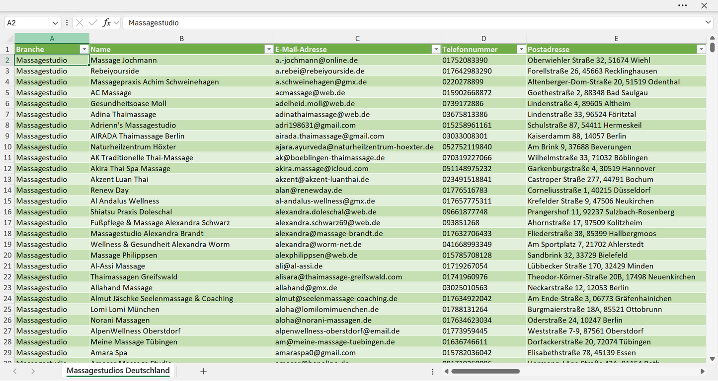 Vorschau der Liste mit den Massagestudio Adressen