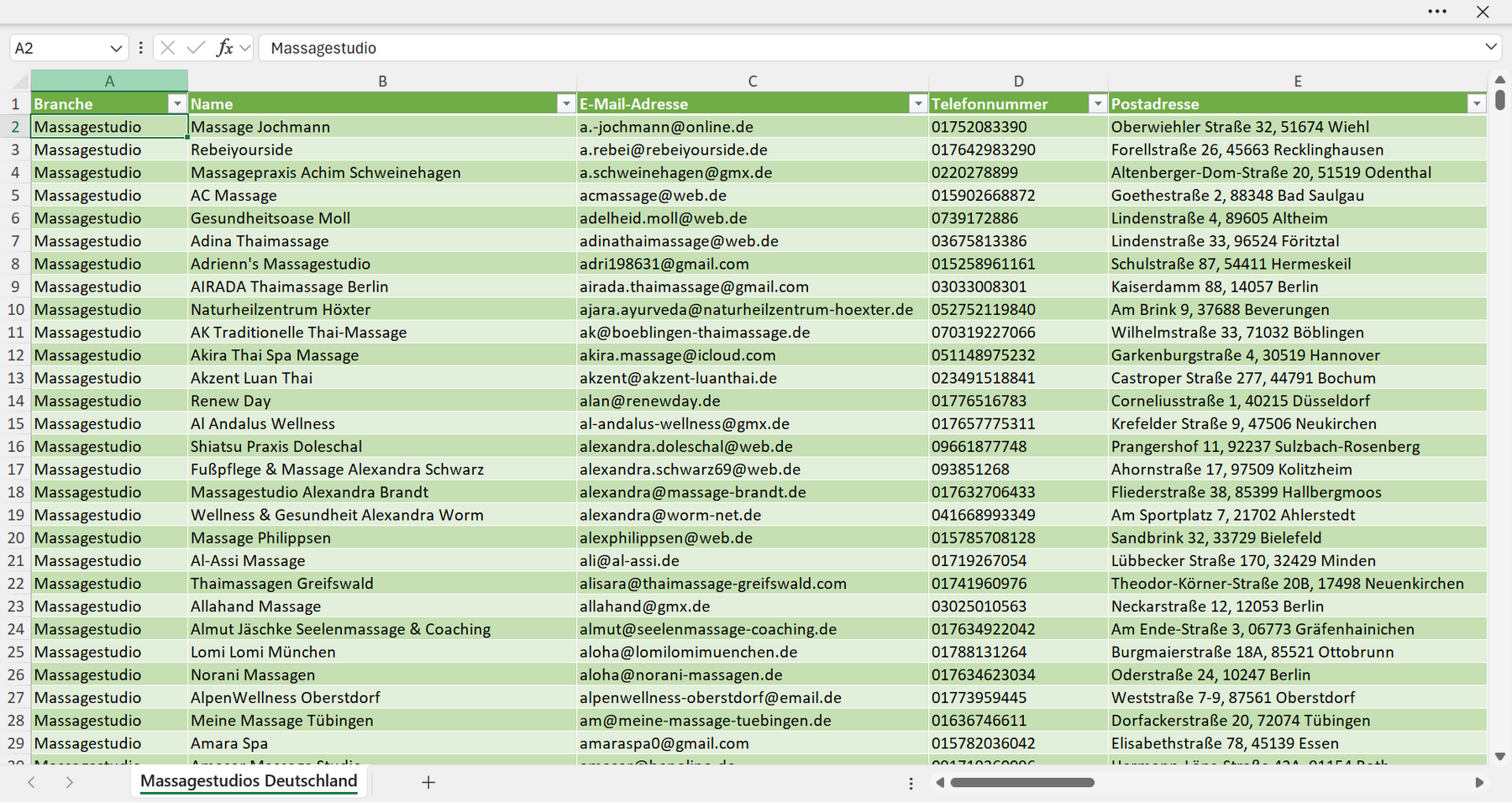 Vorschau der Liste mit den Massagestudio Adressen