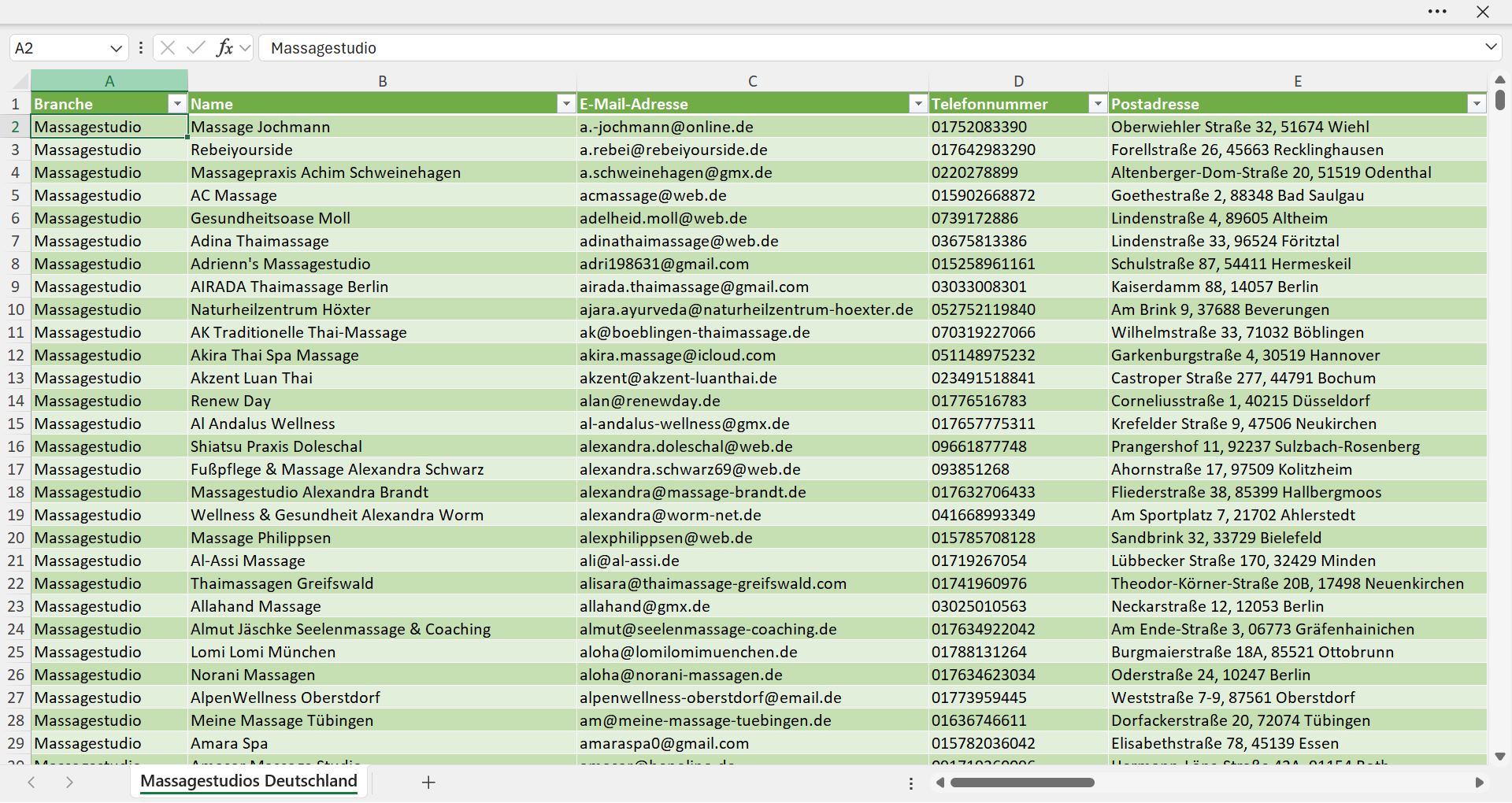 Vorschau der Liste mit den Massagestudio Adressen